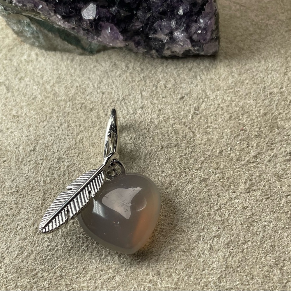 Smokey Quartz Heart Pet Collar Charm With Small Antique Silver Feather Charm - Picture 3 of 12